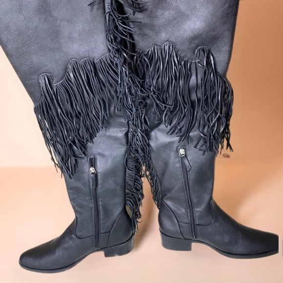 BLACK LEATHER SCHUTZ FRINGE OVER THE KNEE BOOTS - Picture 2 of 2